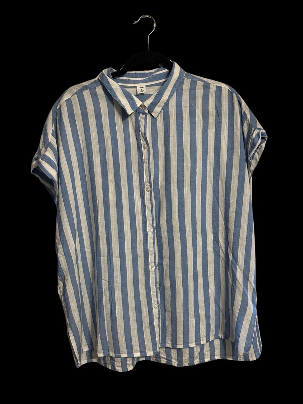 Old Navy Blue and White Vertical Stripe Short-Sleeve Button-Down